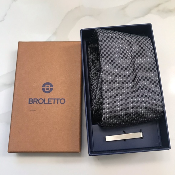 Broletto 100% Silk Tie and Tie Clip Black and Gray - Picture 1 of 6